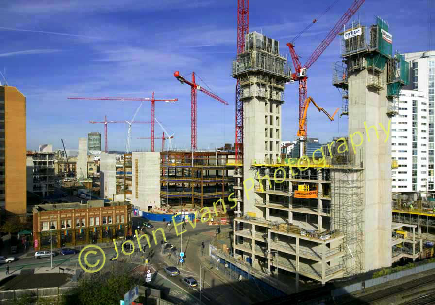 Progress picture of the construction of St David’s Centre, Cardiff, Wales, UK, showing part of the new building and the surrounding area.